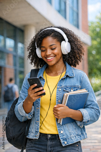 Smiling young woman with curly hair holding cell phone, wearing earbuds and backpack