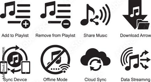 Music icons, audio symbols, playlist and streaming signs, black vector graphics set