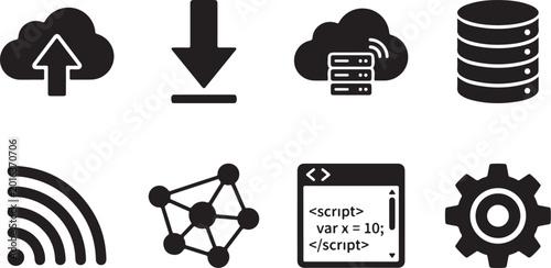 Technology icons, web development symbols, coding graphics, network and database vector set