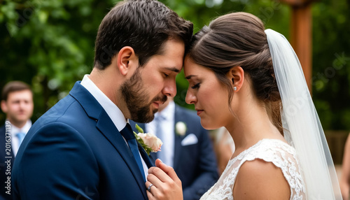 Romantic first dance of groom and bride at wedding – couple embracing close-up