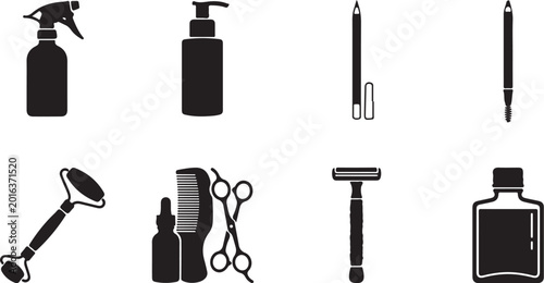 Photos Black grooming icons, beauty tools, shaving kit, personal care symbols, vector s