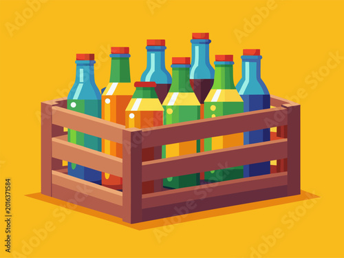 Glass bottles arranged in wooden crate on yellow backdrop