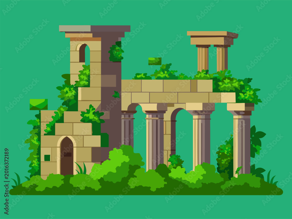 Fototapeta premium Partially collapsed colonnade surrounded by dense vegetation