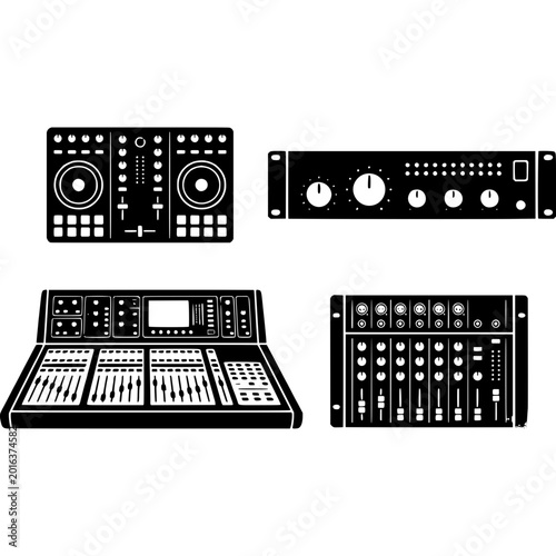 Fotografía Collection of four different audio mixing console and soundboard vector icons in black and white, ideal for music production, live events, and studio recording