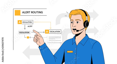 Customer service agent pointing at alert routing flowchart in a call center