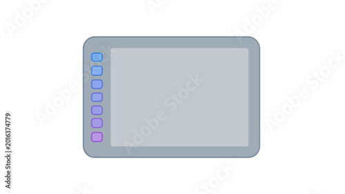 Modern graphic drawing tablet vector illustration with editable stroke and stylus pen, featuring a colorful line design for digital art tools, tech icons, and customizable design projects.