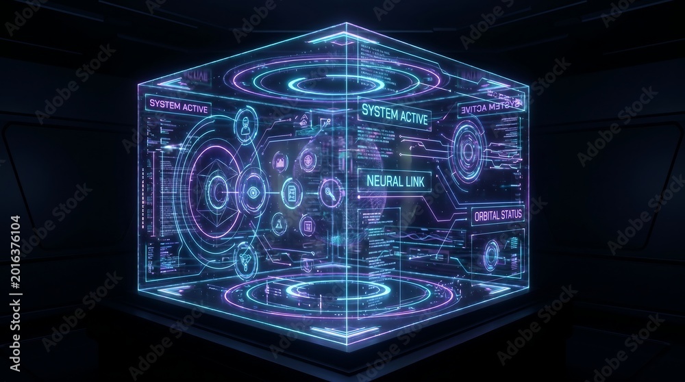 Fototapeta premium A futuristic holographic cube displaying complex digital interfaces and neural link status.