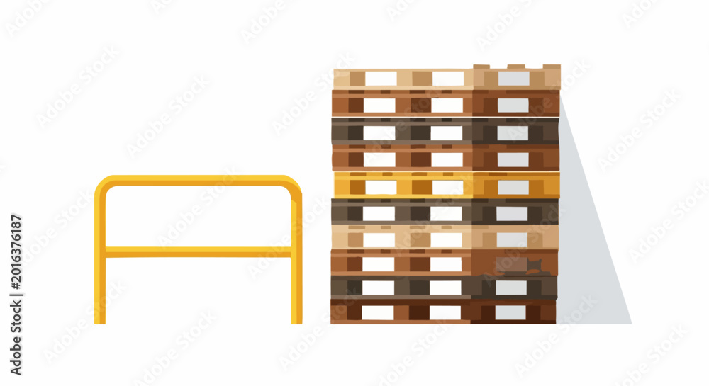 Obraz premium Stack of Wooden Pallets and Yellow Industrial Safety Railing Vector Illustration. Logistics, Warehouse, and Shipping Concept Isolated on White.