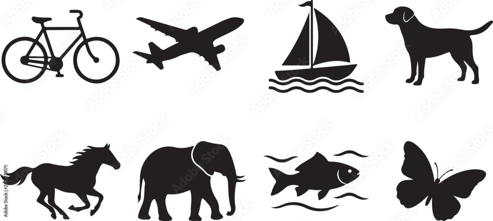 Obraz premium Black animal, transportation and nature icons set, silhouette style graphics, vector illustrations
