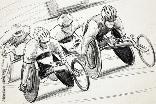 Wheelchair racing athletes sprinting on track. Pencil sketch sports illustration.