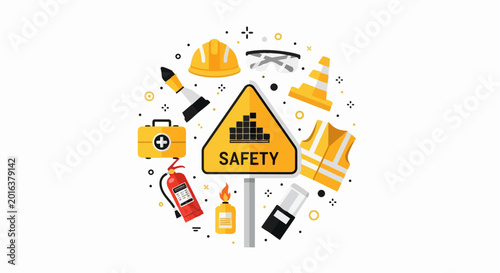 Occupational Health and Safety Icon Set with PPE Symbols, Construction Safety Gear, Fire Extinguisher, and Warning Sign Illustration