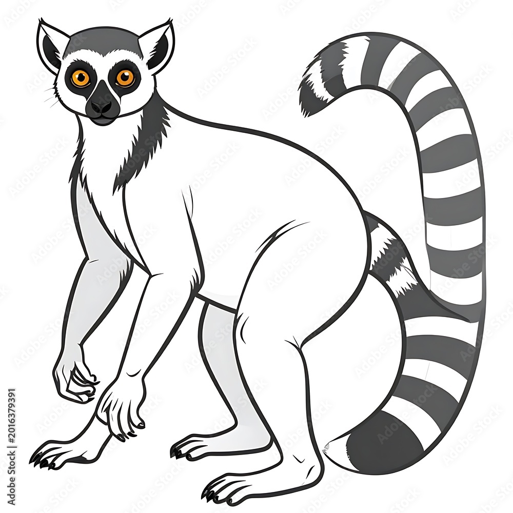 Obraz premium A lemur with orange eyes and a striped tail standing on its hind legs