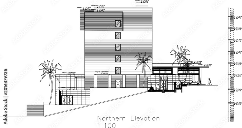 Fototapeta premium Vector sketch illustration silhouette architectural design construction of 6 Floors 5 stars Hotel section view facade and floor plan Elevations and Layout Plan