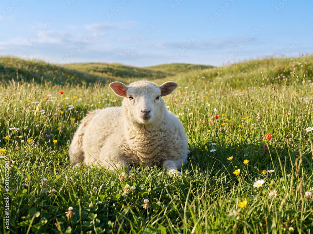 Fototapeta premium White Shetland sheep resting in a wildflower meadow on Shetland Islands