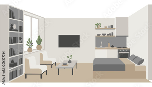 Schilderij op canvas Modern minimalist living room interior with built-in furniture and tv