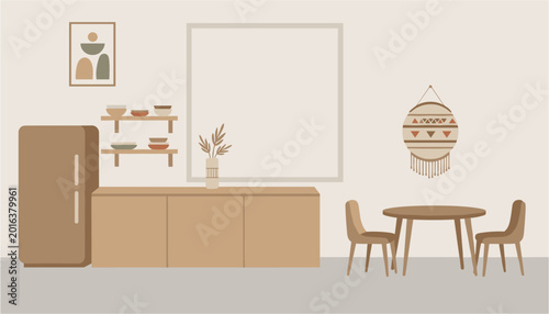 Bild auf Leinwand Modern minimalist dining area with wooden table and chairs in cozy kitchen