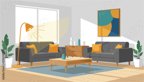 Foto Modern living room with gray sofas and wooden coffee table near large windows