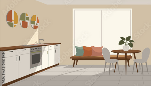 Foto Modern kitchenette with dining nook and large windows