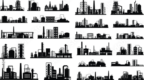 Bild auf Leinwand Industrial factory silhouettes, manufacturing plant collection, refinery and pow
