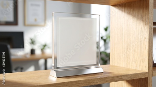Blank glass award plaque or clear acrylic trophy mockup on wooden shelf in modern office interior background with blurred workstation