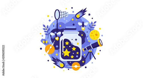 Magical Astronomy Vector Illustration featuring a Mason Jar filled with Stars, Telescope, Comets, and Fireflies in a Whimsical Flat Design Style