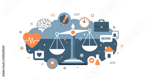Work Life Balance Vector Illustration with Scale, Heart, Brain, and Office Icons for Professional Wellness and Time Management Concept