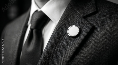 Close-up of Blank Round Silver Badge Pin Mockup on Luxury Dark Tweed Suit Jacket Lapel with Black Tie and White Shirt, Professional Business Attire in Elegant Black and White Cinematic Style