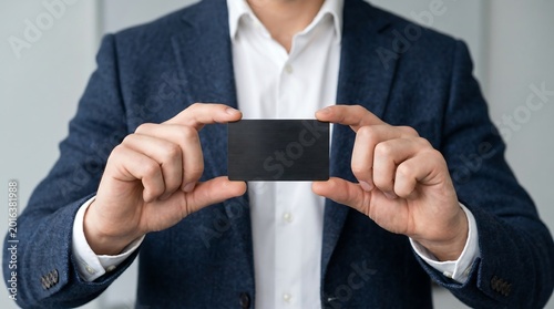 Close up of businessman in professional blue suit holding a blank black business card or credit card with both hands for mockup design