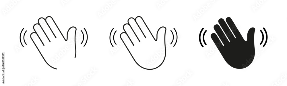 Fototapeta premium Waving hand icons set in various style, emoji greeting, paying attention