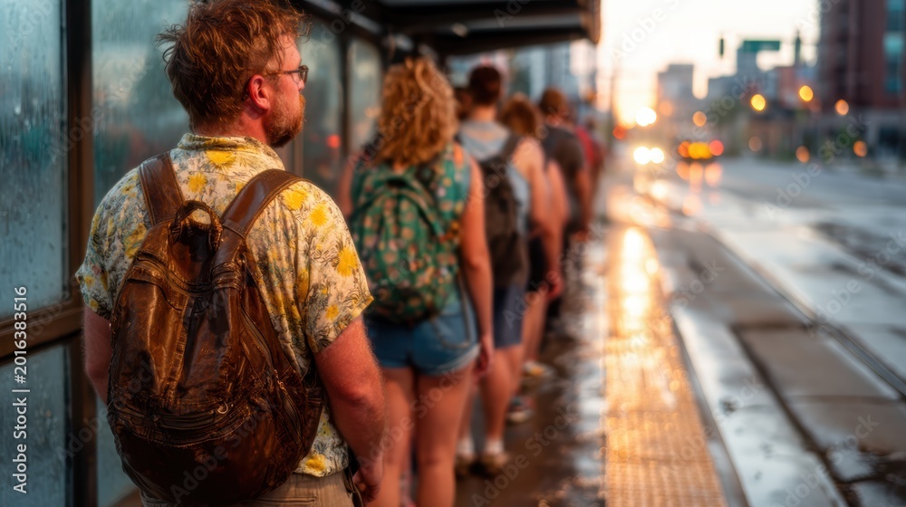Obraz premium This image depicts a line of diverse people waiting at a bus stop during a rainy evening, evoking themes of patience and urban life amidst the rain.