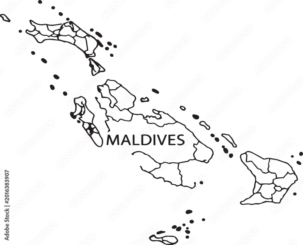 Fototapeta premium Simple black and white outline map of the maldives islands with administrative regions and text label