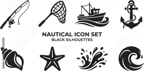 Nautical icons, black silhouette set, 8 marine symbols, vector graphics
