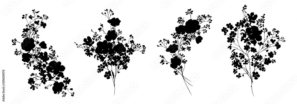 Fototapeta premium Black and white vector floral bouquets, wildflowers eucalyptus silhouette, for stickers plotter design cards wall art scrapbooking