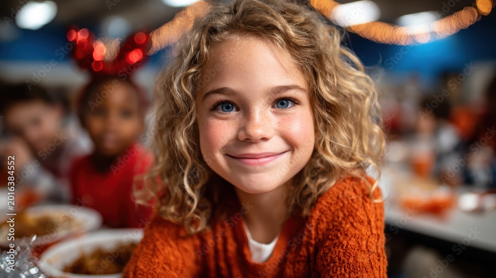 Fototapeta premium A delightful portrait of a young girl smiling brightly while enjoying a meal at a table, showcasing her joyful spirit in a lively, colorful dining environment.
