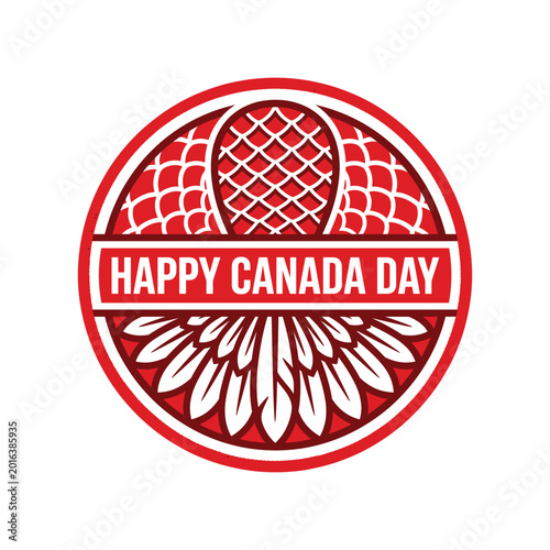 Happy canada day emblem with indigenous feather and net pattern