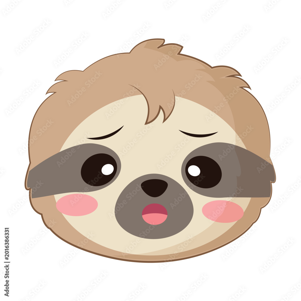 Fototapeta premium Cute Cartoon Sad Sloth Face Illustration - Worried Kawaii Animal Head with Downcast Expression and Blushing Cheeks