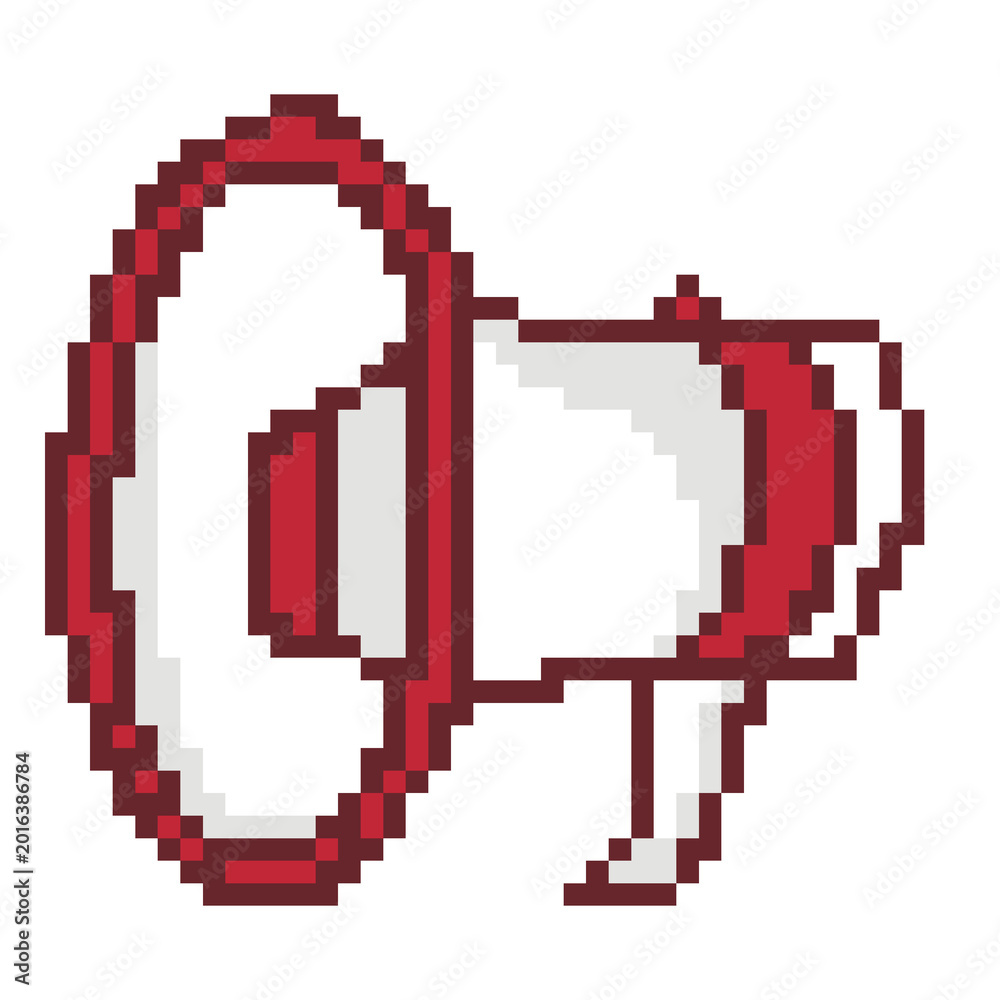 Fototapeta premium Red megaphone loudspeaker pixel art icon for announcement and alert
