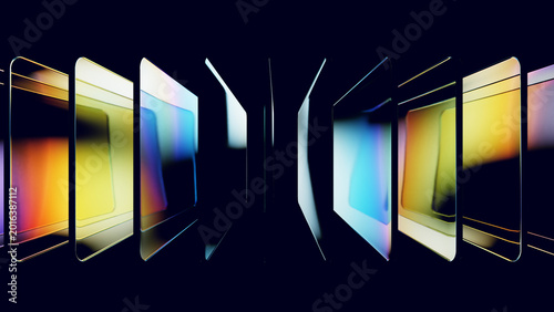 Iridescent glossy glass plates with chromatic dispersion on a black background
