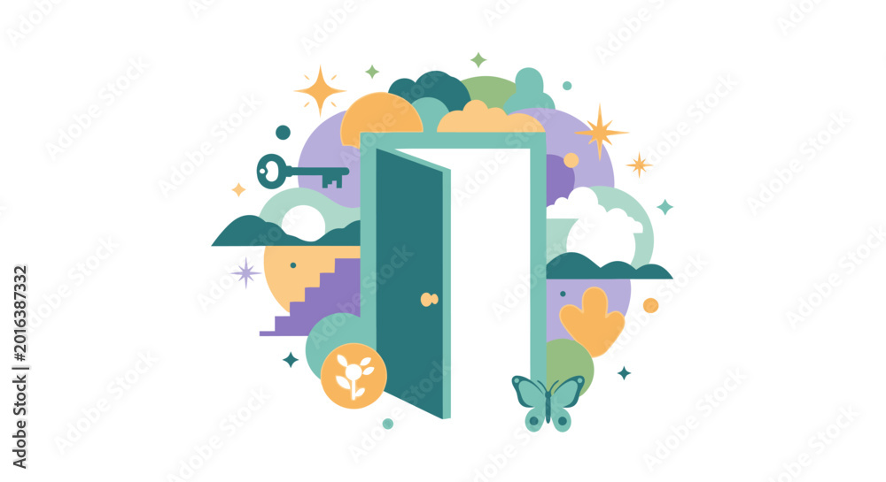Fototapeta premium Open Door to New Opportunities and Personal Growth Conceptual Flat Vector Illustration with Key, Mountains, and Butterfly Symbols