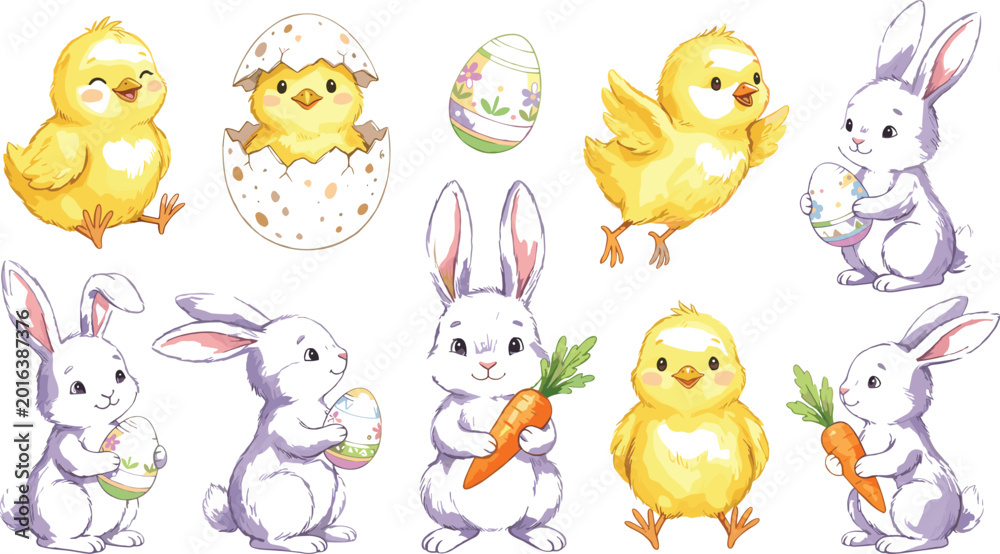 Naklejka premium Set of hand painted watercolor illustrations featuring cute yellow chicks and purple bunnies with easter eggs and orange carrots on white background