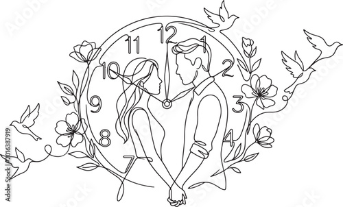 Romantic Couple with Clock and Floral Heart Line Art Illustration