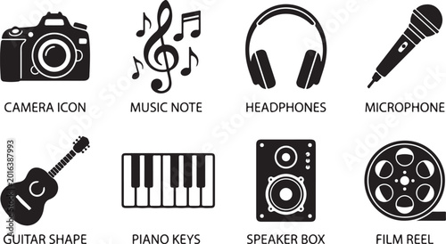 Canvastavla Audio equipment icons, music symbols, film and photography tools, vector graphic