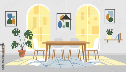 Photos Modern dining room with wooden table and hanging pendant light near large window