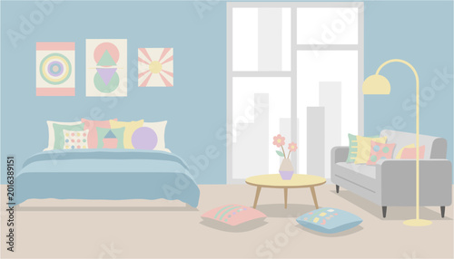 Cozy colorful bedroom with modern furniture and large windows