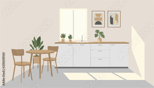 Photos Modern kitchenette with small dining table and chairs in minimalist interior