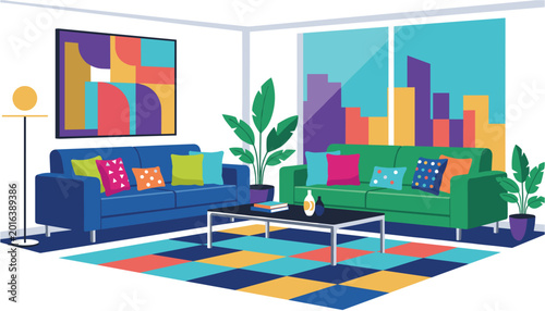 Photos Colorful modern living room with sectional sofas and abstract city wall art