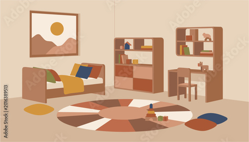 Cuadro en lienzo Minimalist cartoon children's playroom with wooden furniture and scattered toys
