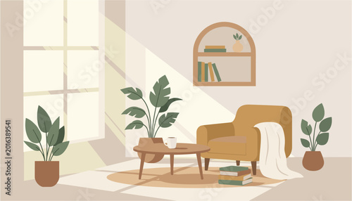Cuadro en lienzo Minimalist cozy living room with armchair, small table, and potted plants near w