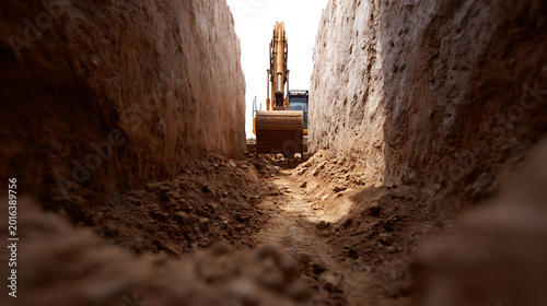 Industrial earth moving equipment on a construction site, seen from a deep trench perspective, illustrating hard work and development