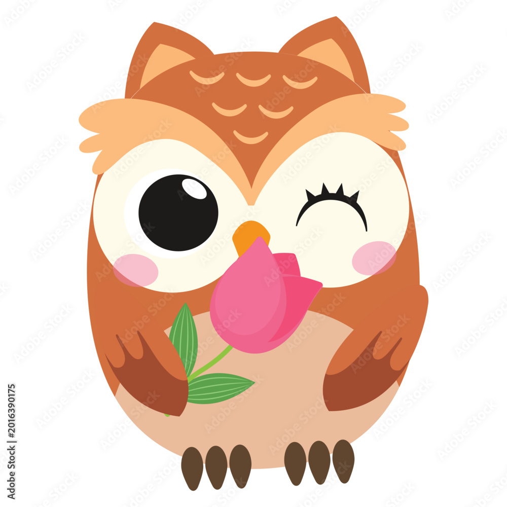 Obraz premium Cute cartoon owl holding a pink tulip flower, with a playful wink